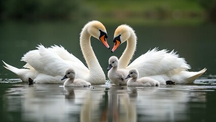 Obraz premium Elegant white swans with cygnets gliding on tranquil lake