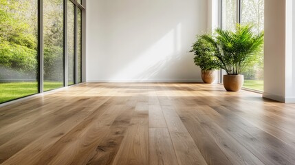 Obraz premium An airy and spacious room featuring large windows that reveal an expansive green garden outside, filled with lush plants in sleek pots, creating a bright calm space.