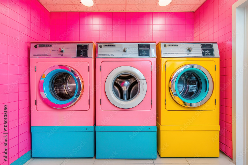 Wall mural bright and cheerful laundry room with colorful machines, playful wallpaper, and neon lighting, pop a