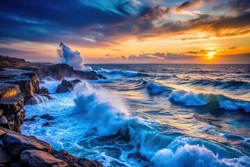 Fototapeta premium Dark blue ocean waves crashing against a rocky coastline at sunset, nighttime ocean, ocean waves, deep blue ocean, sea wave patterns