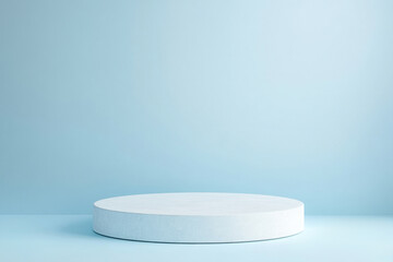An empty white podium with shadows on a blue background, the layout of the stand for product presentation, minimalism