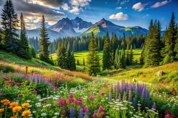 Dense forests and wildflowers thrive in a mountain range ecosystem, mountain range, outdoor adventure, wildlife habitat, biodiversity