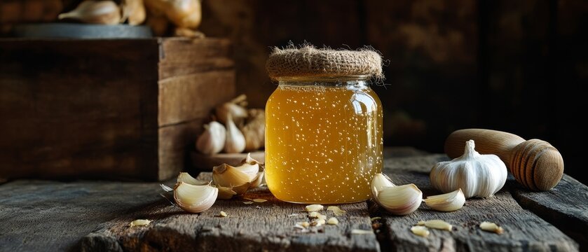 A jar of honey with garlic cloves on a rustic wooden table, ideal for natural remedies and culinary uses