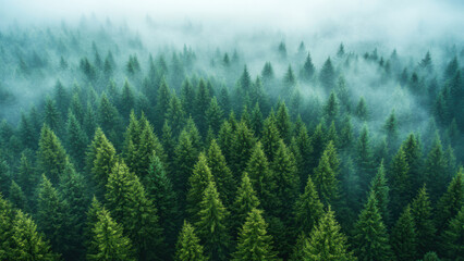 Obraz premium Aerial view of green tree tops in fog and mist, forest nature background