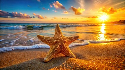 Fototapeta na wymiar Close-up of a Starfish on Sandy Beach, Natural Textures, Coastal Beauty, Marine Life, Summer Vibes, Ocean Wonders, Beachcombing, Nature's Artwork, Serene Seaside, Tranquil Shoreline