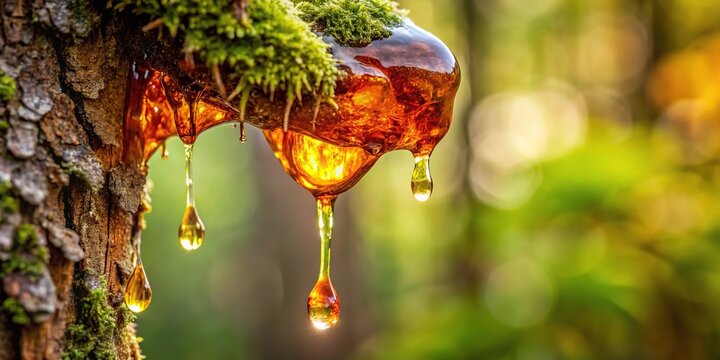 Dripping amber liquid on moss-covered tree trunk, tree, trunk