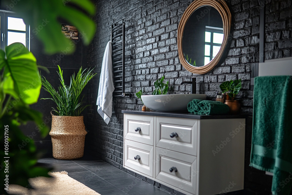 Wall mural creative composition of bathroom interior with white bath, black wall, plants and personal accessori