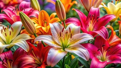 Fototapeta premium Closeup of Blooming Lilies for Holiday Celebrations - Beautiful Floral Arrangements, Vibrant Colors, Natural Decor, Spring Flowers, Fresh Blooms, Nature's Beauty, Garden Inspiration