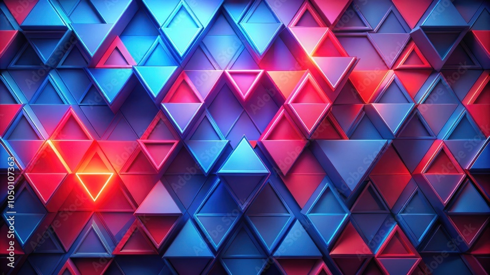 Aufkleber A vibrant abstract pattern of overlapping triangular shapes in shades of red and blue, illuminated with a glowing light effect