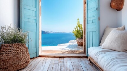 An inviting scene of a seaside vista through open blue doors, featuring a cozy interior with natural wood elements and exquisite ocean views blending seamlessly.