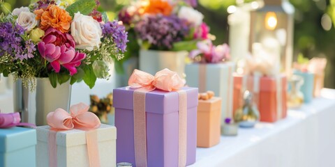 A table with a variety of colorful boxes and vases of flowers. Scene is festive and celebratory, as it is a gift-giving event or a special occasion