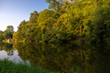 View of the Olza River at the beginning of autumn