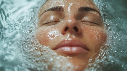 A close-up of a person's face submerged in water, eyes closed, with air bubbles surrounding the skin, highlighting tranquility and serenity in a soft focus image.