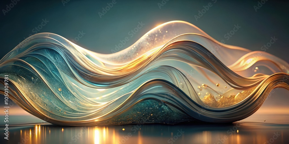 Poster a wave of translucent glass with sparkling gold dust, reflecting light and shimmering with an ethere