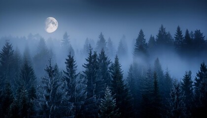 Bright moon shining over a mysterious foggy forest at night