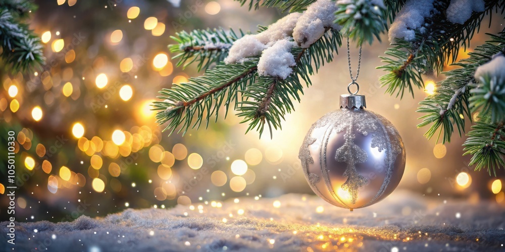 Poster a silver christmas ornament hangs from a snow-covered pine branch against a backdrop of twinkling li