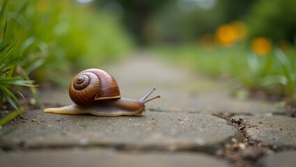 Vulnerable snail crossing garden path symbolic of acceptance