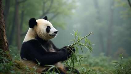 Obraz premium Tranquil panda in misty forest savoring bamboo