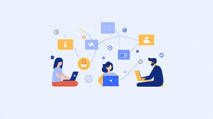 Minimalist flat illustration of people and laptops connected by social network connections, light blue background with orange accents, icons for video call, "Dave Mc height", "in maximum   AI Editing.