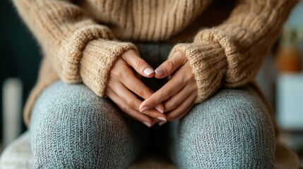 Hands gently clasped on the middle, covered by a warm wool sweater, convey a sense of comfort and coziness. The knitted texture adds to the snug feeling.