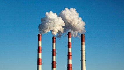 Industrial Chimneys Emitting Smoke into a Blue Sky