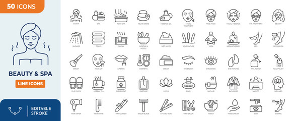 beauty & spa icon set. A set of outline icons related to cosmetics, cosmetology, skin care, spa treatments, massage, skin care and more. Outline Icon Collection. Vector illustration. Editable stroke	