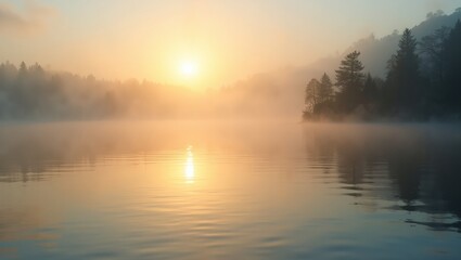 Fototapeta premium Tranquil sunrise over misty lake reflecting peaceful ambiance