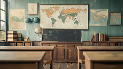  An old-school classroom with wooden tables and benches, a chalkboard on the wall, a vintage globe, wooden window frames, vintage curtains, and sunlight streaming through the windows. Rea  AI Editing.