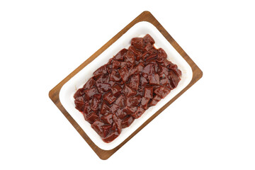 Cut raw beef liver with onions, spices, chili peppers and dill on wooden table, flat lay