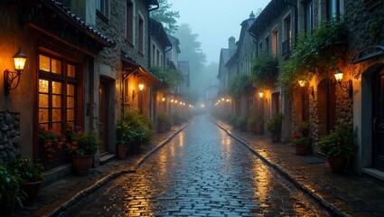 Fototapeta premium Charming old European village street in the rain glowing with warm lights