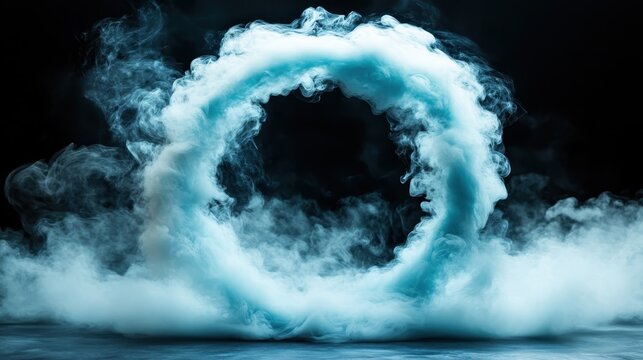 A hypnotic blue smoke ring forms swirling patterns that evoke a sense of curiosity and mystery, set against a dark backdrop with an air of elegance. - Powered by Adobe
