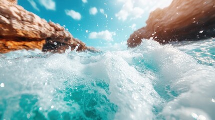 Bright turquoise ocean waves splash energetically between rocky formations under a clear sunny sky, capturing the essence of energetic natural beauty and freedom.