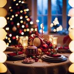 Naklejka premium festive Christmas table setting features red and green ornaments, candles, and gold accents