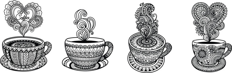 4 Abstract mandala doodle coffee cup for design element, engraving, adult coloring page. Vector illustration.