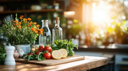 A sunny and inviting kitchen scene featuring fresh herbs, tomatoes, lemons, and flowers on a wooden table, embodying a warm and hospitable cooking environment.