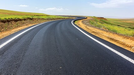 Obraz premium Empty asphalt road winding through a grassy landscape.