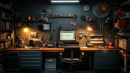 Workspace with visible tools technical monitoring and lighting setup