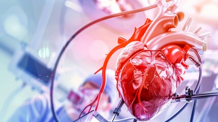 A surgeon performing a delicate heart surgery in an advanced cardiac operating room against a high-tech, sterile background, close-up shot