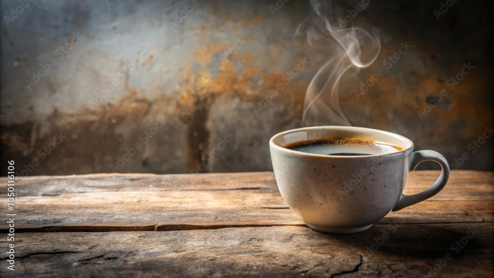 Poster a steaming cup of coffee on a rustic wooden surface against a backdrop of weathered texture.