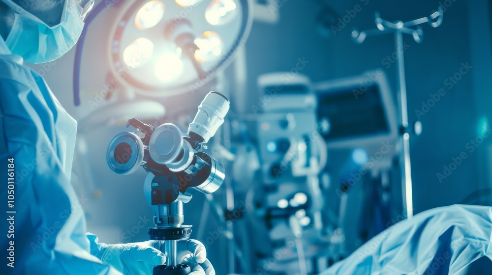 Poster a surgeon performing a laparoscopic appendectomy surgery in an operating room with advanced medical 
