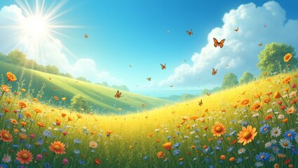 Obraz premium Vibrant wildflowers on sunny hillside with fluttering butterflies