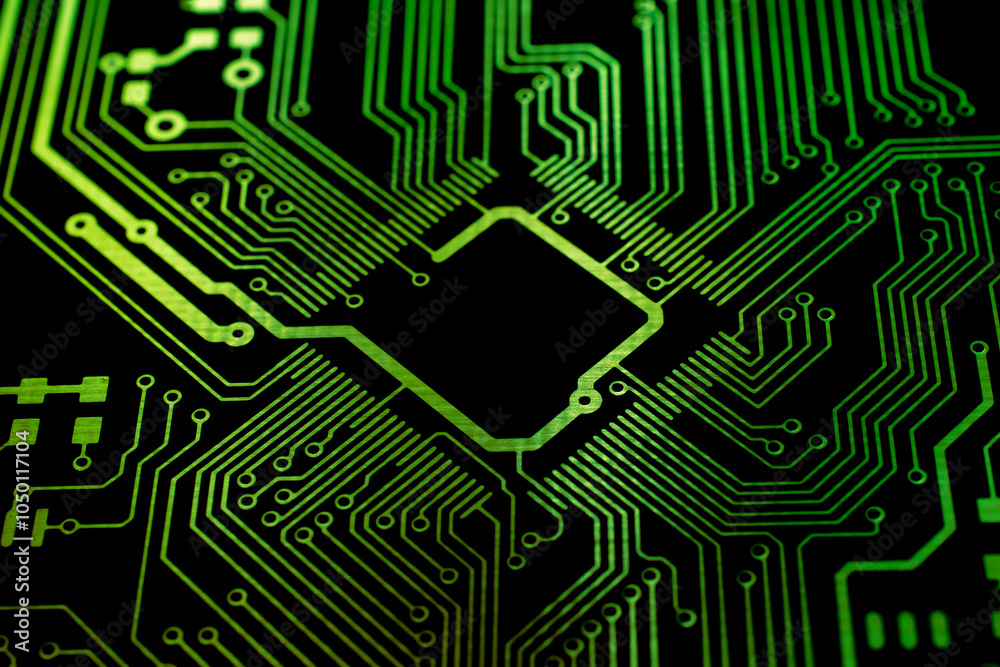 Wall mural printed circuit. layout of tracks. pcb. processor, chip and electronic components