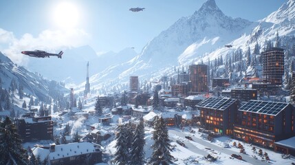 Futuristic city in a snowy mountain valley with flying vehicles.