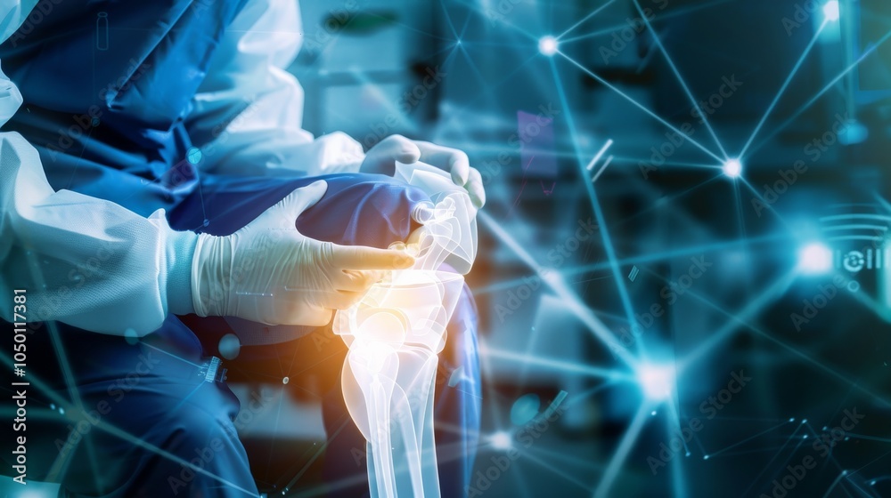 Poster a surgeon performing a robotic-assisted knee replacement surgery in an advanced operating theater ag