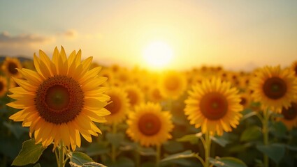 Obraz premium Vibrant sunflower field under morning sun symbolizes happiness and positivity