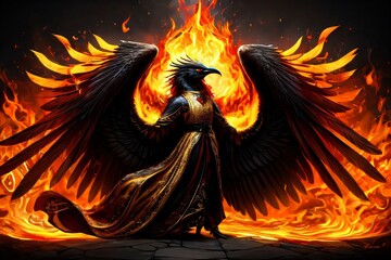 Obraz premium Fiery Phoenix Tattoo Design with Tribal Wings, a Heraldic Emblem of Power and Freedom