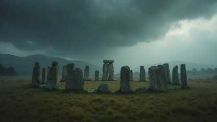Mysterious stone circle under stormy sky conveys ancient rituals