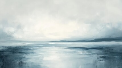 Fototapeta premium A serene coastal landscape with faded blues and soft grays blending into the horizon, creating a calm, misty atmosphere over the water