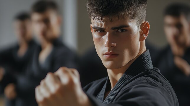 A young martial arts fighter wearing a black gi stares intently at the camera while holding a karate stance.