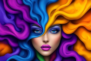 Fototapeta premium Woman with colorful hair, makeup. hair is styled in a way that it looks like it is splattered with paint. make water splash in crazy colours, neon colours, tattoo art, cartoon, young, fashion,